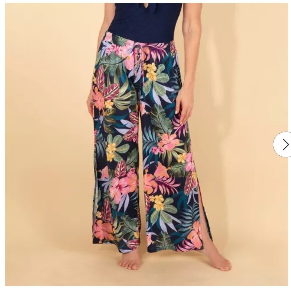 Lands End Tropical Floral Wide Leg Swim Cover-Up Pants Navy Multi XL 605 - Picture 2 of 7
